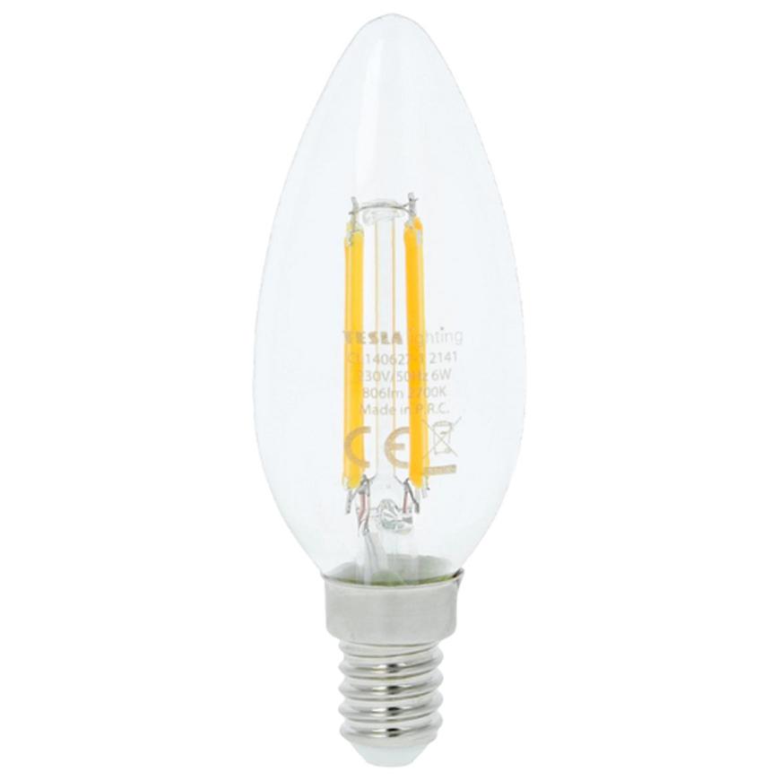 LED žárovka filament retro svíčka 6W E14 2700K 806LM TESLA LIGHTING