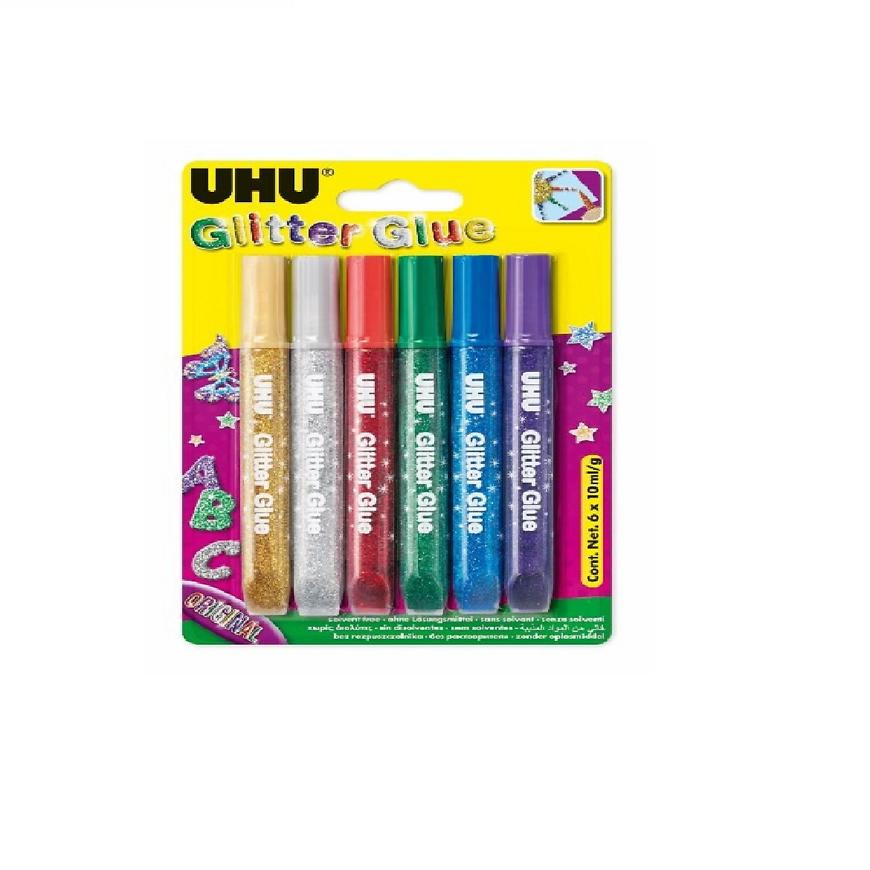 UHU Glitter Glue Shiny 6 x 10 ml Sada gelových lepidel v extra zářivých barvách pro kreativní práci UH